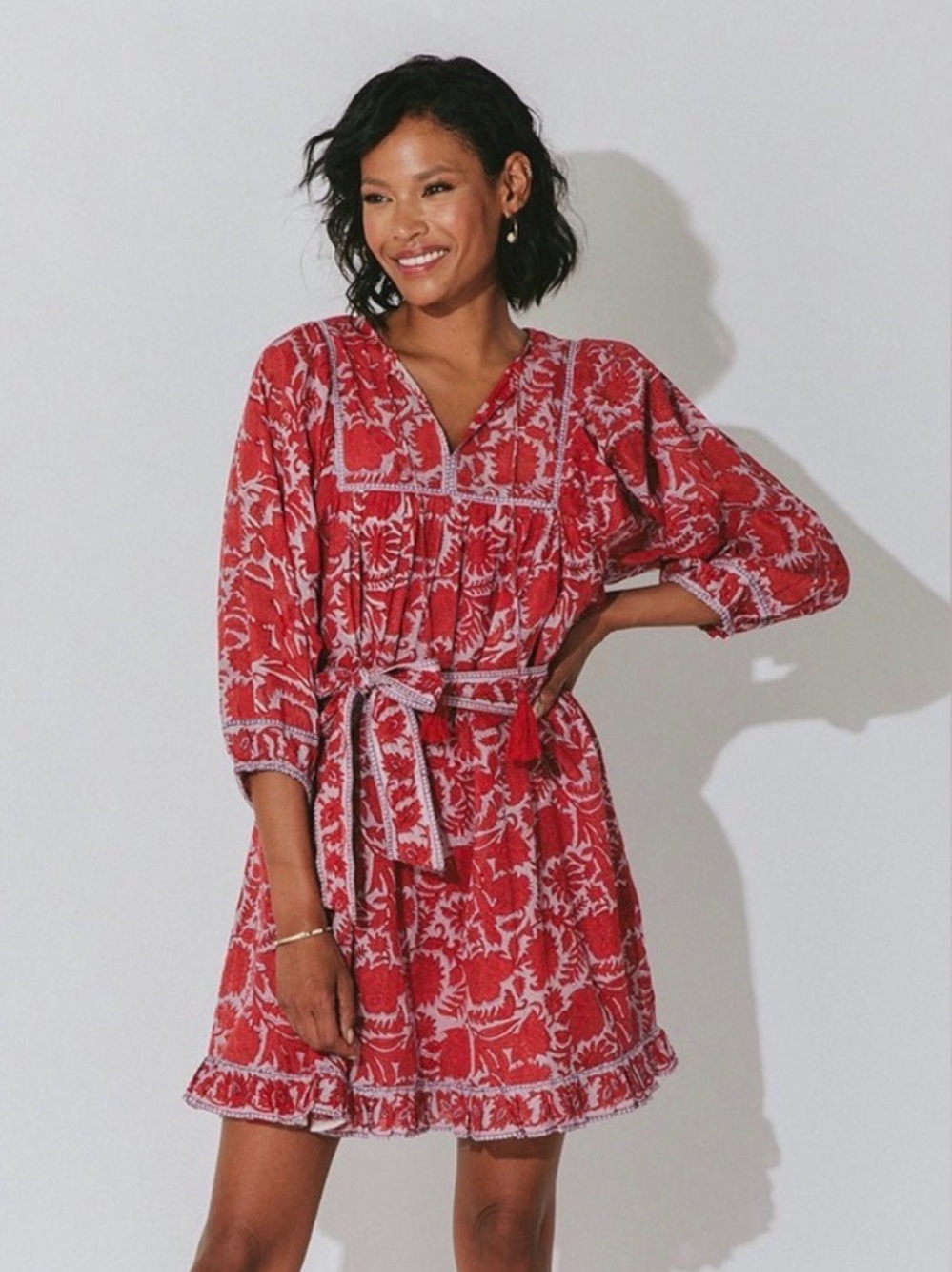 Cleobella Red Floral Boho Tie-Front Dress